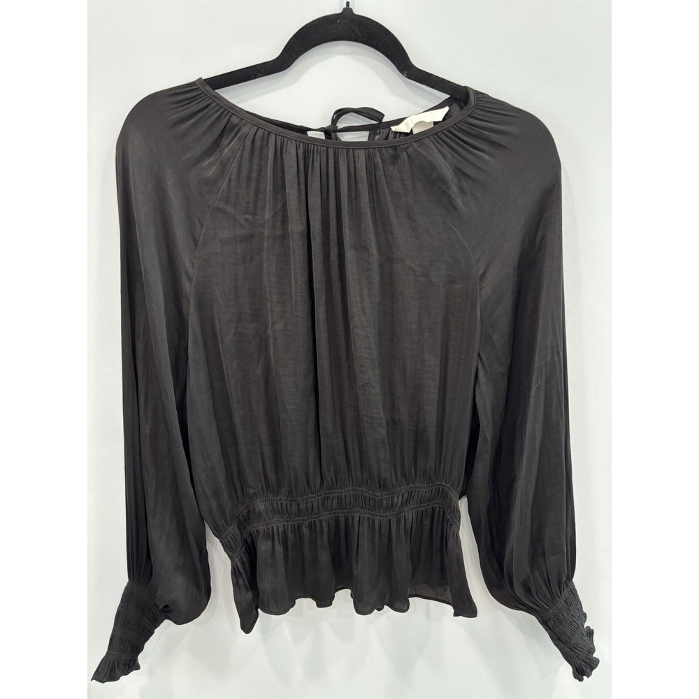 H&M Black Peplum Blouse Womens Size 6 Sheer Long Sleeve Gothic Romantic - Picture 4 of 10